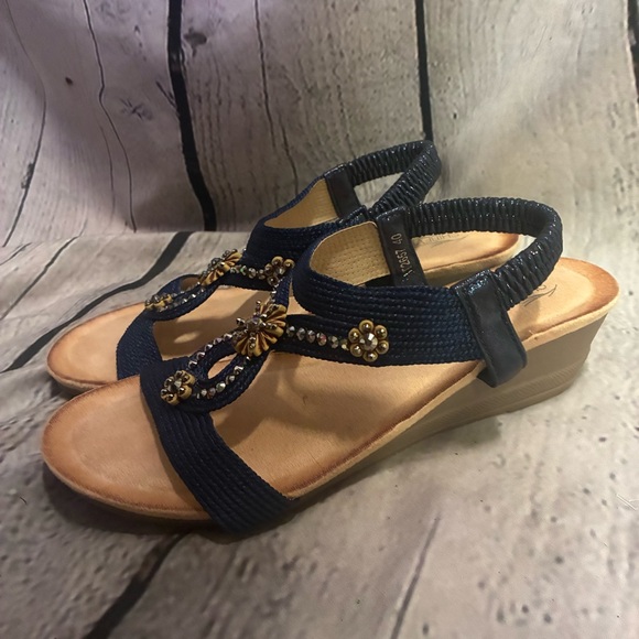 Shibever Shoes - SHIBEVER Glitter Sandals‎ WMS 40 Rhinestone Casual Open Toe Wedge Slingback Blue